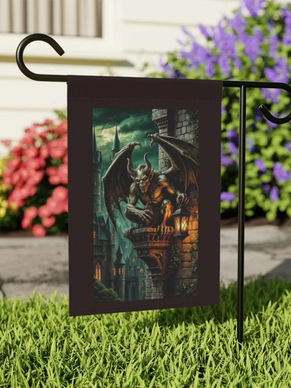 Gargoyle on Castle Ledge Garden Banner | Gothic Home Décor
